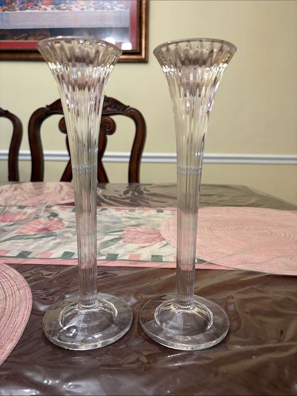 Classic Clear Ribbed Glass Bud Candle Holders Pair